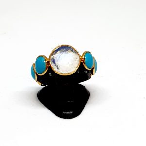 Turquoise Ring With Moonstone In 18Kt Yellow Gold