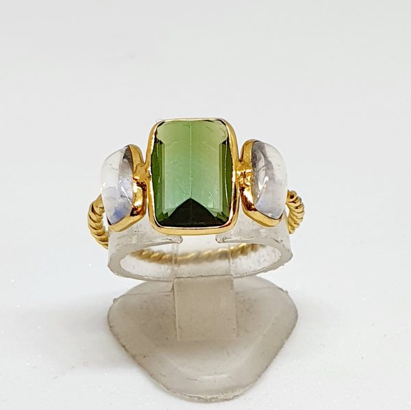 Green Tourmaline Ring With Moonstone In 18Kt Yellow Gold