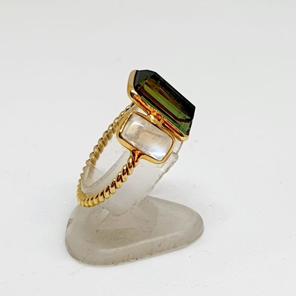 Green Tourmaline Ring With Moonstone In 18Kt Yellow Gold