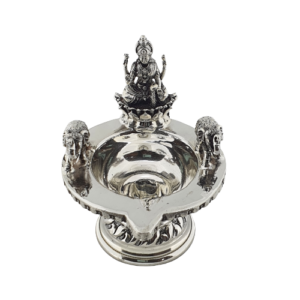 Silver Lakshmi Lamp (100 Gms) with Elephants in Antique Finish