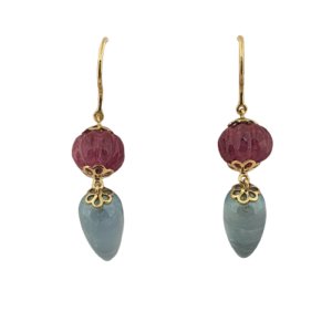 Pink Tourmaline with Aquamarine Gemstone Hoops in 18K Gold