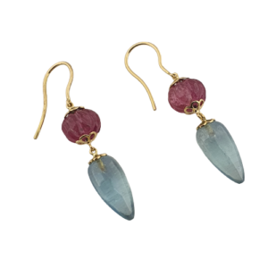 Pink Tourmaline with Aquamarine Gemstone Hoops in 18K Gold