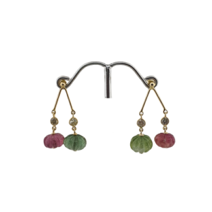 Pink & Green Tourmaline Gemstone Earring with Diamond in 18K Gold |Push Back Screw