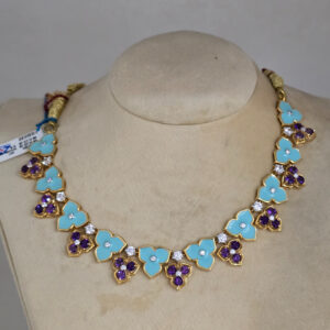 Turquoise Enamel Necklace and Earrings studded with Amethyst