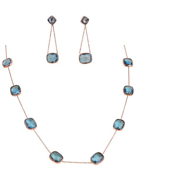 18K Rose Gold Blue Topaz Necklace and Earrings