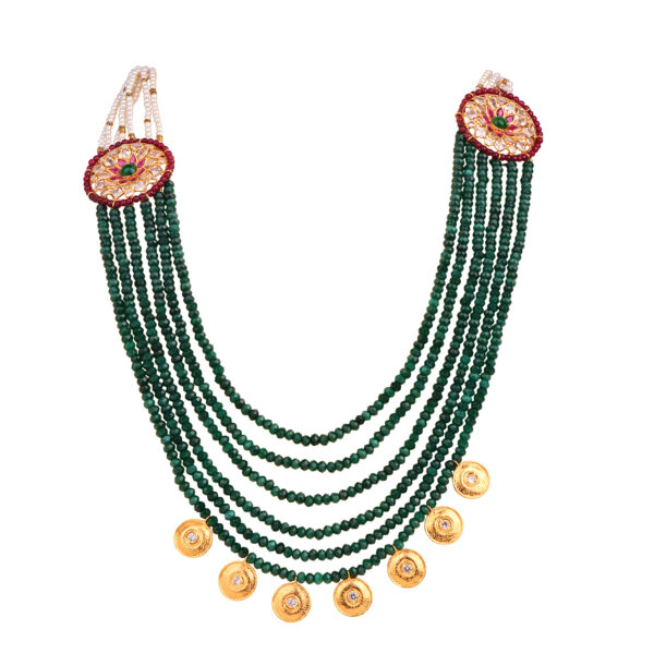 22K Light Weight Haram with Green Synthetic Beads and Pearls