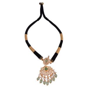 22K Gold Pendant with Zircon and Pearls in Black Tassel