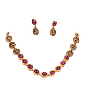 Traditional Antique Ruby Necklace and Earrings in 22K Gold