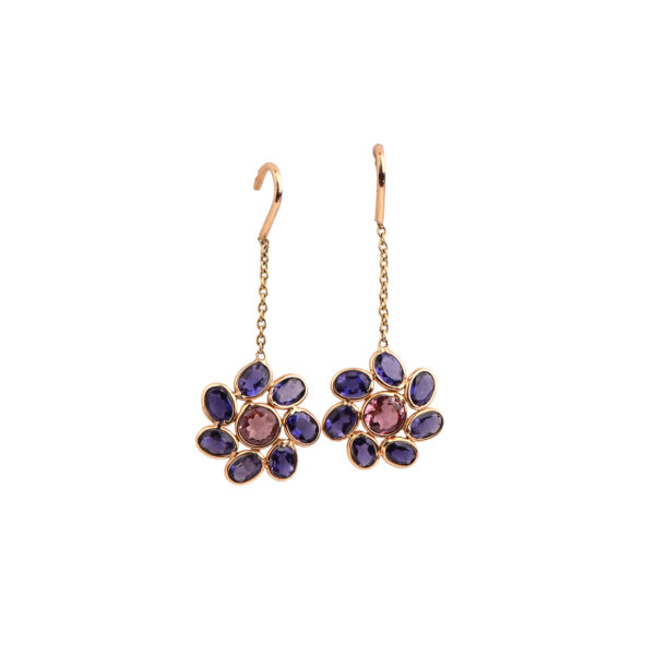 Blue Sapphire and Pink Tourmaline Hook Earrings in 18K Gold