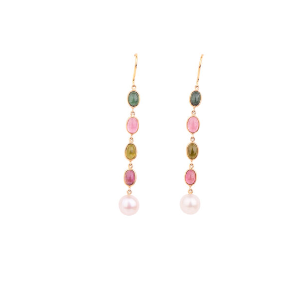 Long Earrings with Multi Tourmalines and Pearls in 18K Gold
