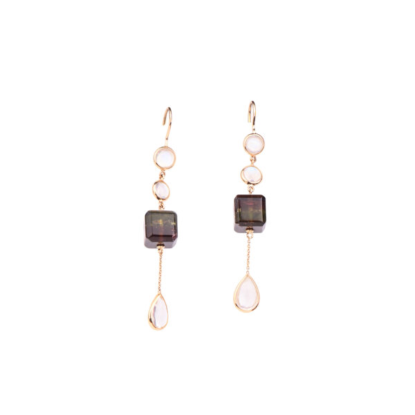 18K Tourmaline and Rainbow Moonstone Earrings