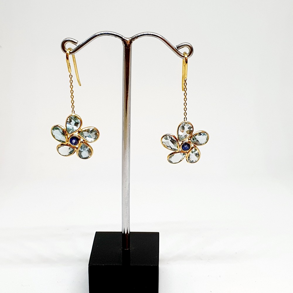Aquamarine and Blue Sapphire Gemstone Hoops Earrings In 18K Gold ...
