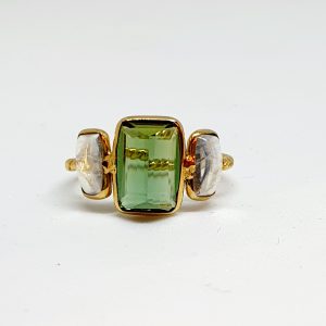 Green Tourmaline Ring With Moonstone In 18Kt Yellow Gold