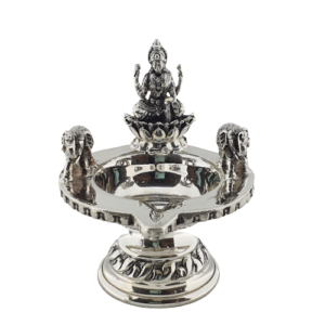 Silver Lakshmi Lamp (100 Gms) with Elephants in Antique Finish