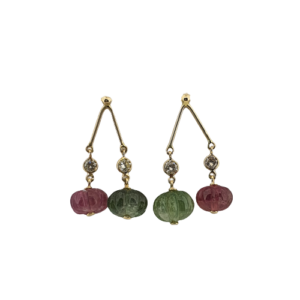 Pink & Green Tourmaline Gemstone Earring with Diamond in 18K Gold |Push Back Screw