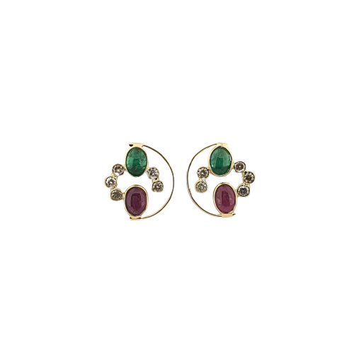 Emerald & Pink Tourmaline 18K Gold Gemstone Earring with Diamonds| Push type18K Gold