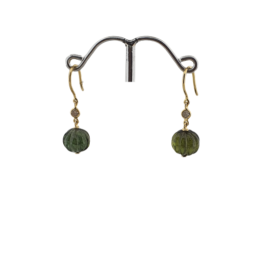 Green Tourmaline Hoops With Diamond |18K Gold Gemstone Earrings