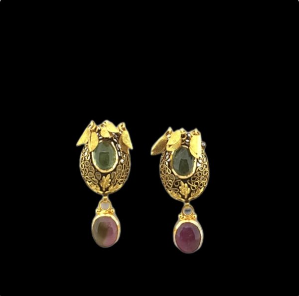 22K Antique Gold Necklace and Earrings With Tourmalines