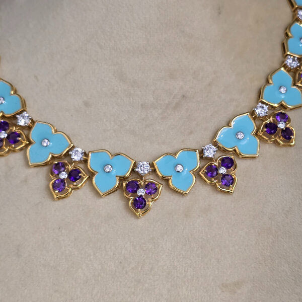 Turquoise Enamel Necklace and Earrings studded with Amethyst